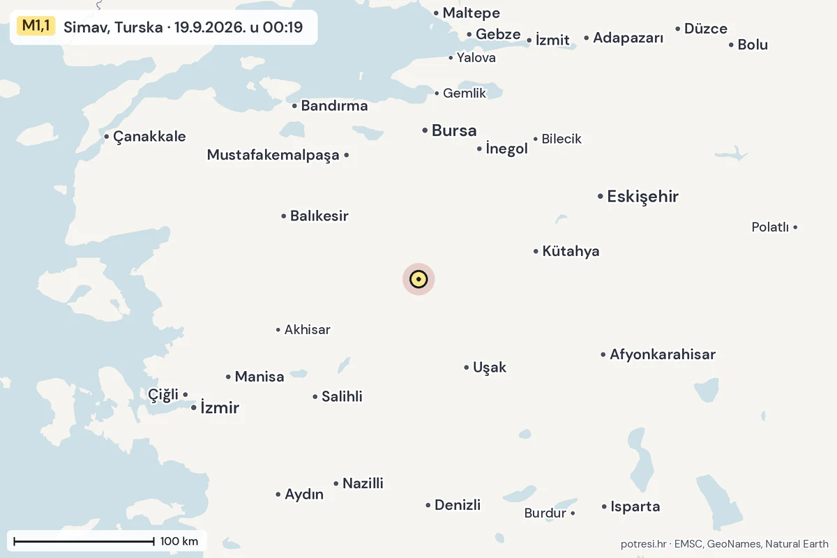Karta: šire područje, 600 km, potres M1,1, Simav, Turska, 19.9.2026.