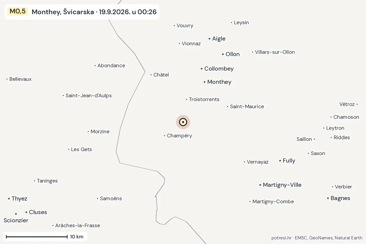 Karta: okolica epicentra, 60 km, potres M0,5, Monthey, Švicarska, 19.9.2026.