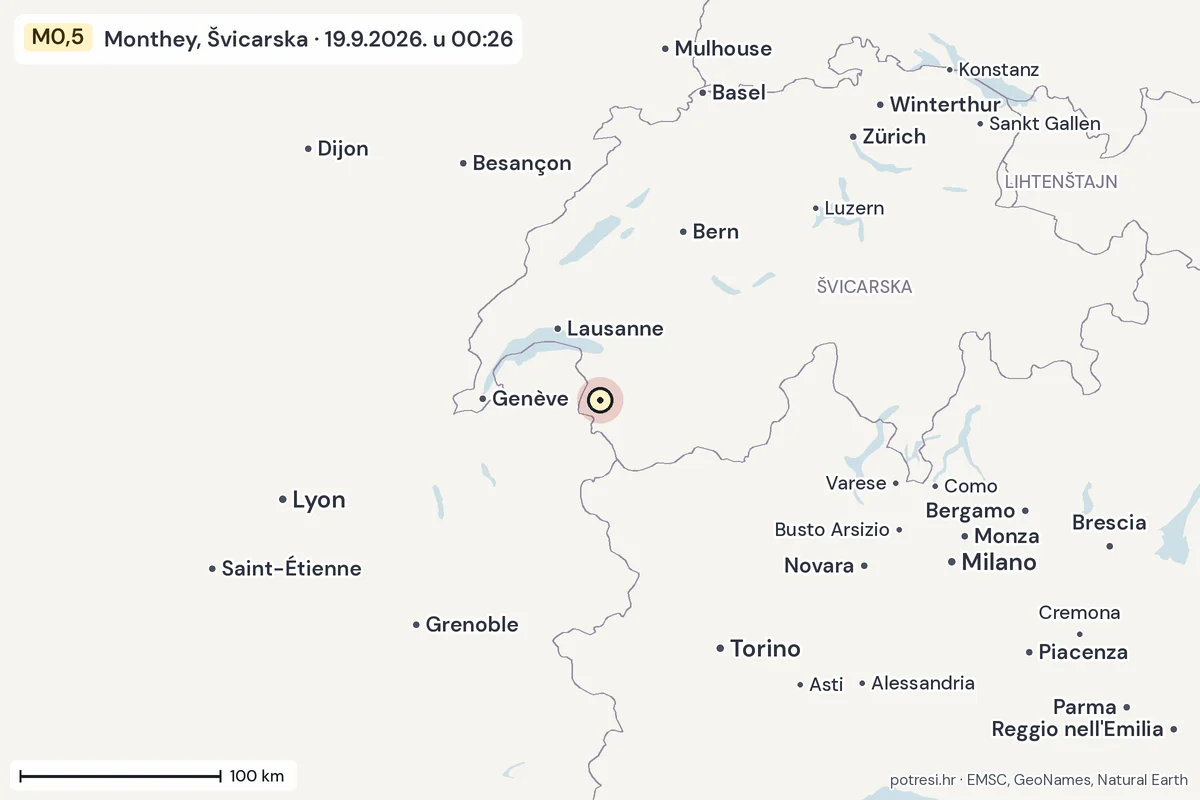 Karta: šire područje, 600 km, potres M0,5, Monthey, Švicarska, 19.9.2026.