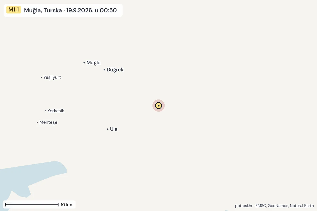 Karta: okolica epicentra, 60 km, potres M1,1, Muğla, Turska, 19.9.2026.