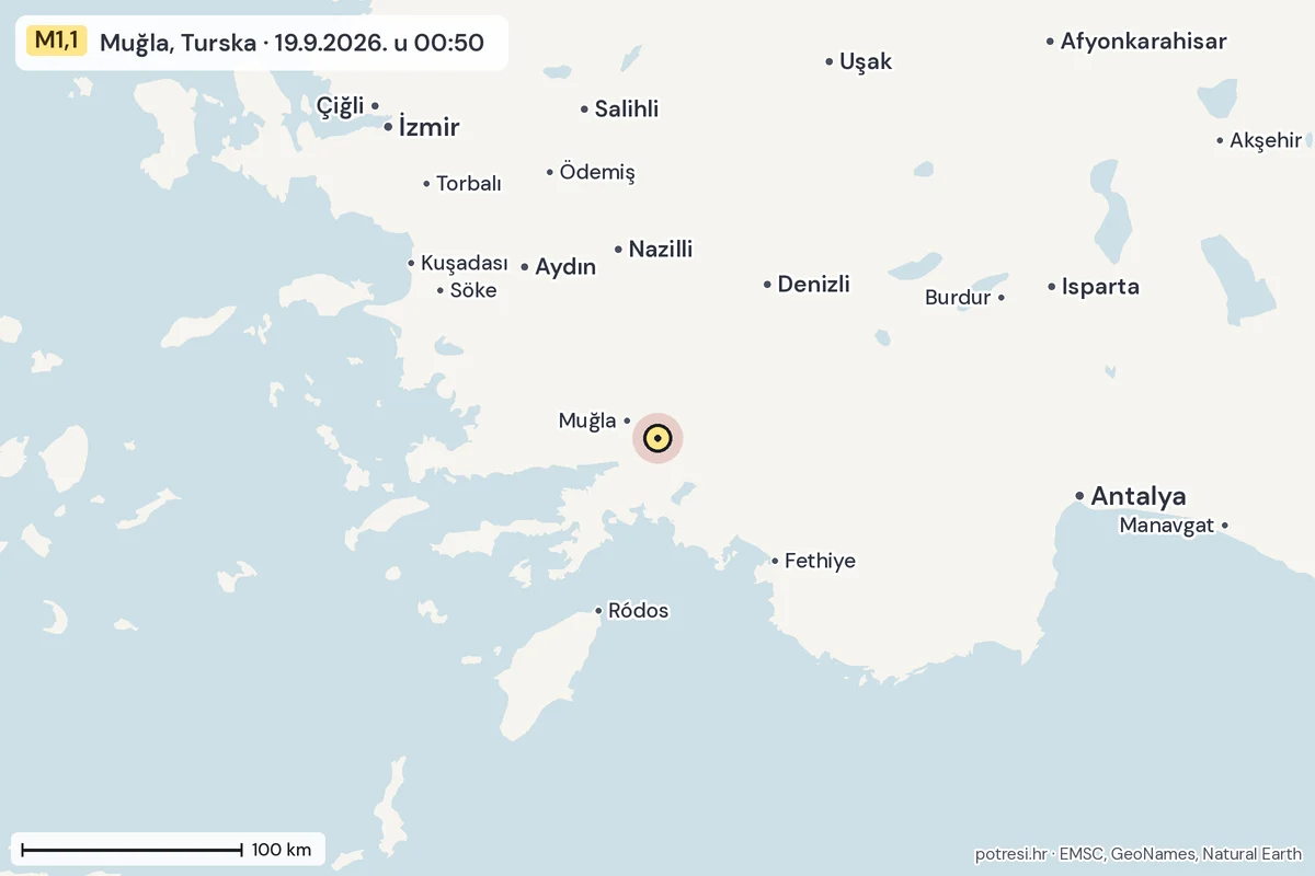 Karta: šire područje, 600 km, potres M1,1, Muğla, Turska, 19.9.2026.