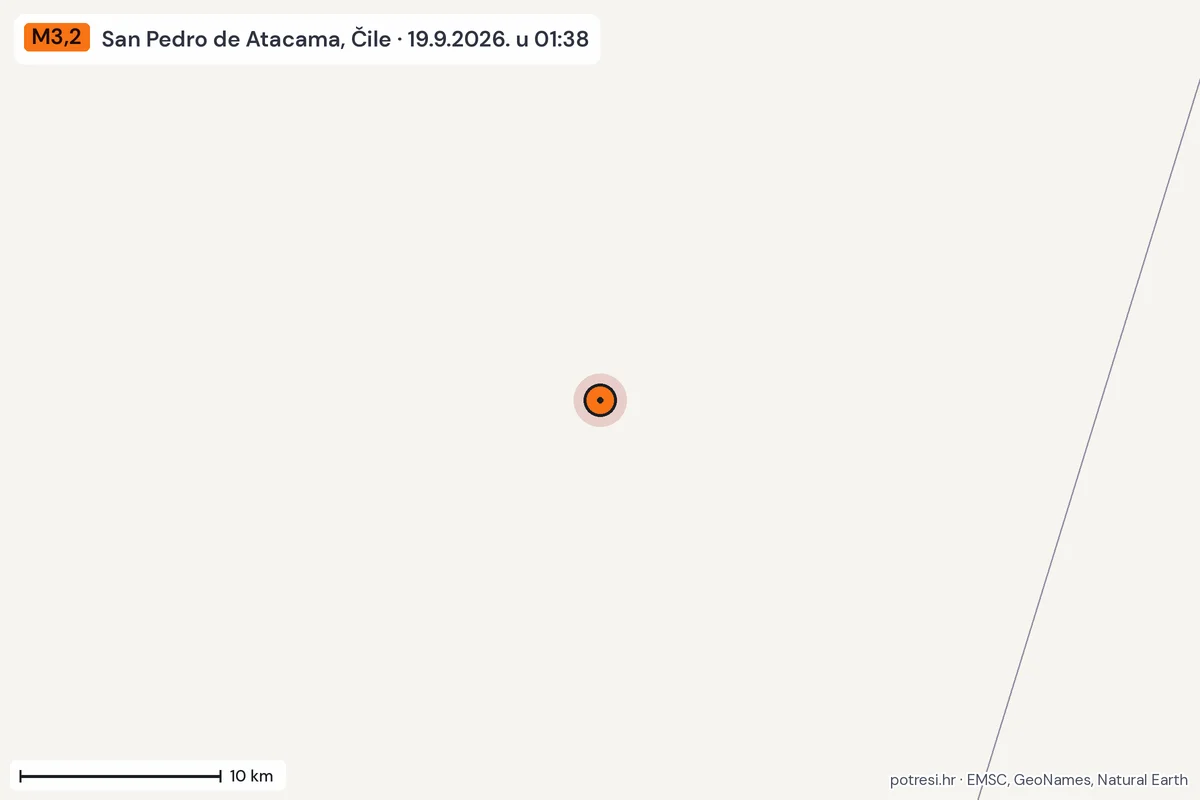 Karta: okolica epicentra, 60 km, potres M3,2, San Pedro de Atacama, Čile, 19.9.2026.