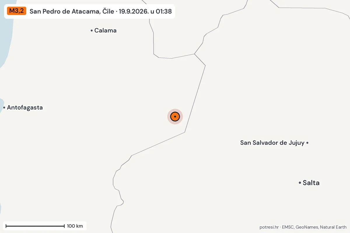 Karta: šire područje, 600 km, potres M3,2, San Pedro de Atacama, Čile, 19.9.2026.