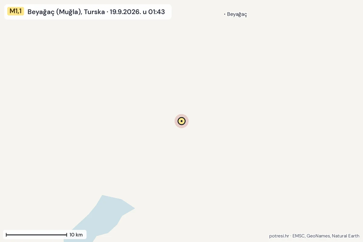 Karta: okolica epicentra, 60 km, potres M1,1, Beyağaç (Muğla), Turska, 19.9.2026.