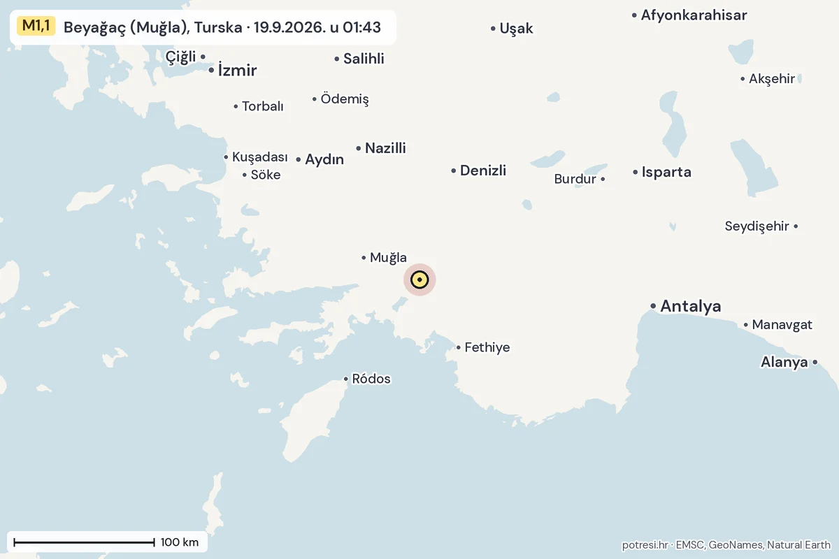 Karta: šire područje, 600 km, potres M1,1, Beyağaç (Muğla), Turska, 19.9.2026.