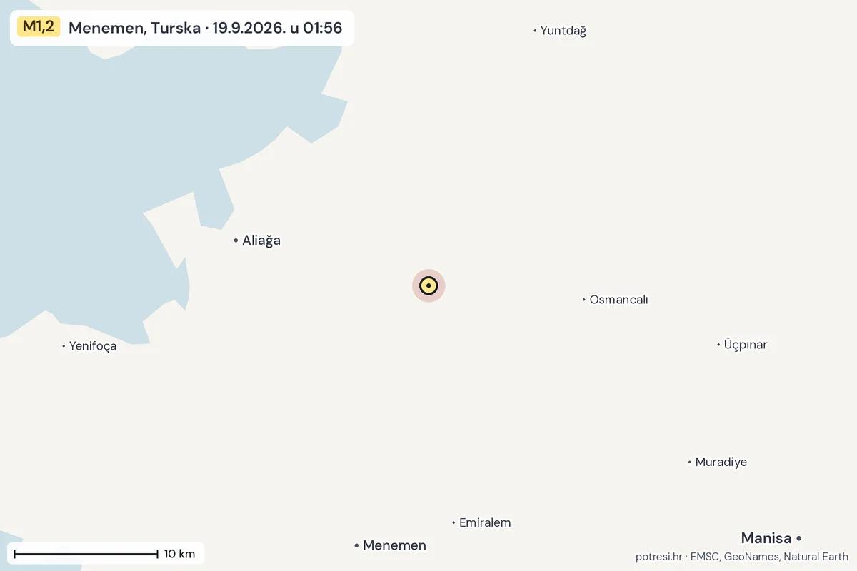 Karta: okolica epicentra, 60 km, potres M1,2, Menemen, Turska, 19.9.2026.