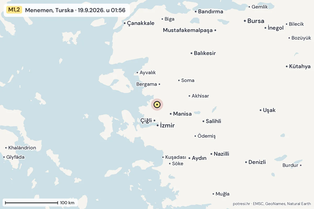 Karta: šire područje, 600 km, potres M1,2, Menemen, Turska, 19.9.2026.