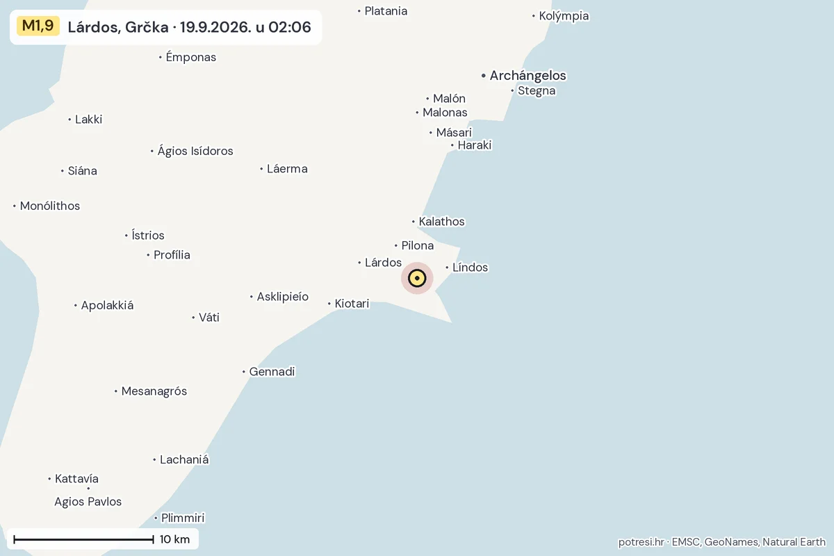 Karta: okolica epicentra, 60 km, potres M1,9, Lárdos, Grčka, 19.9.2026.