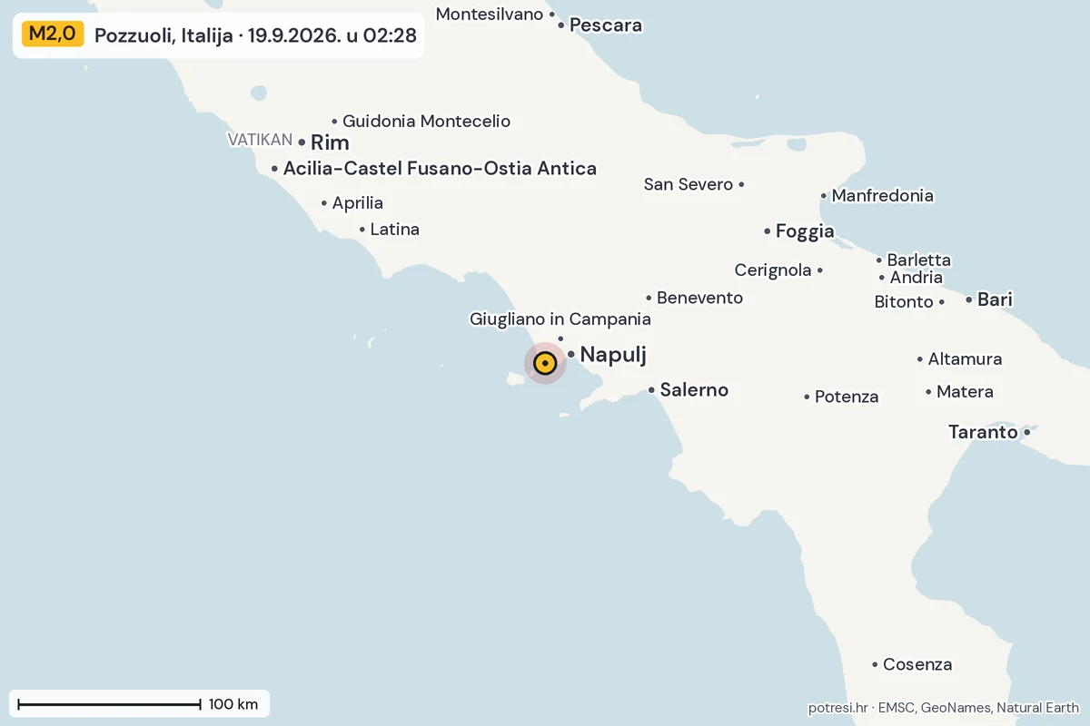 Karta: šire područje, 600 km, potres M2,0, Pozzuoli, Italija, 19.9.2026.