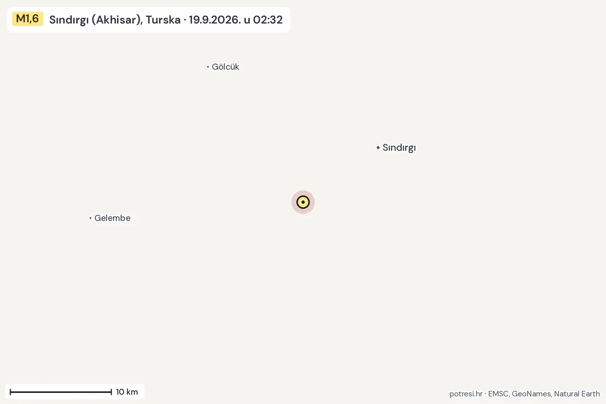 Karta: okolica epicentra, 60 km, potres M1,6, Sındırgı (Akhisar), Turska, 19.9.2026.