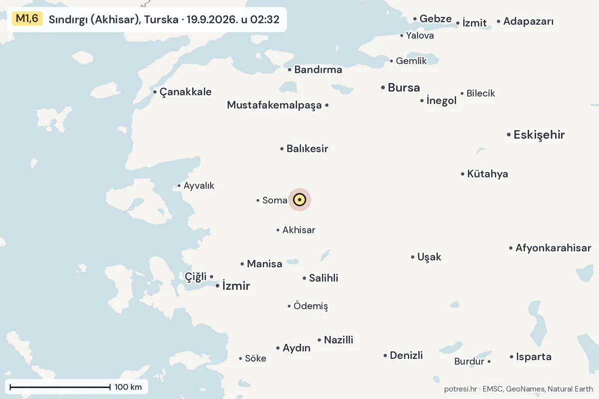 Karta: šire područje, 600 km, potres M1,6, Sındırgı (Akhisar), Turska, 19.9.2026.