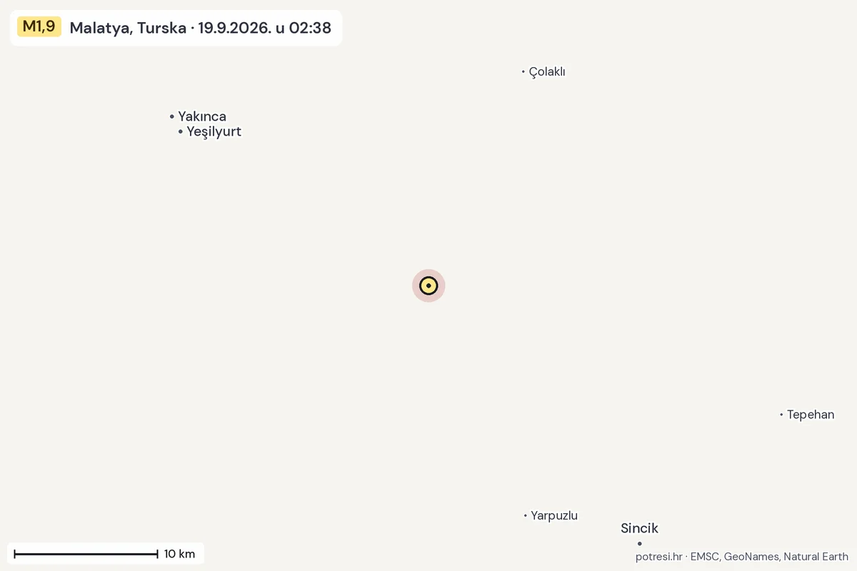 Karta: okolica epicentra, 60 km, potres M1,9, Malatya, Turska, 19.9.2026.