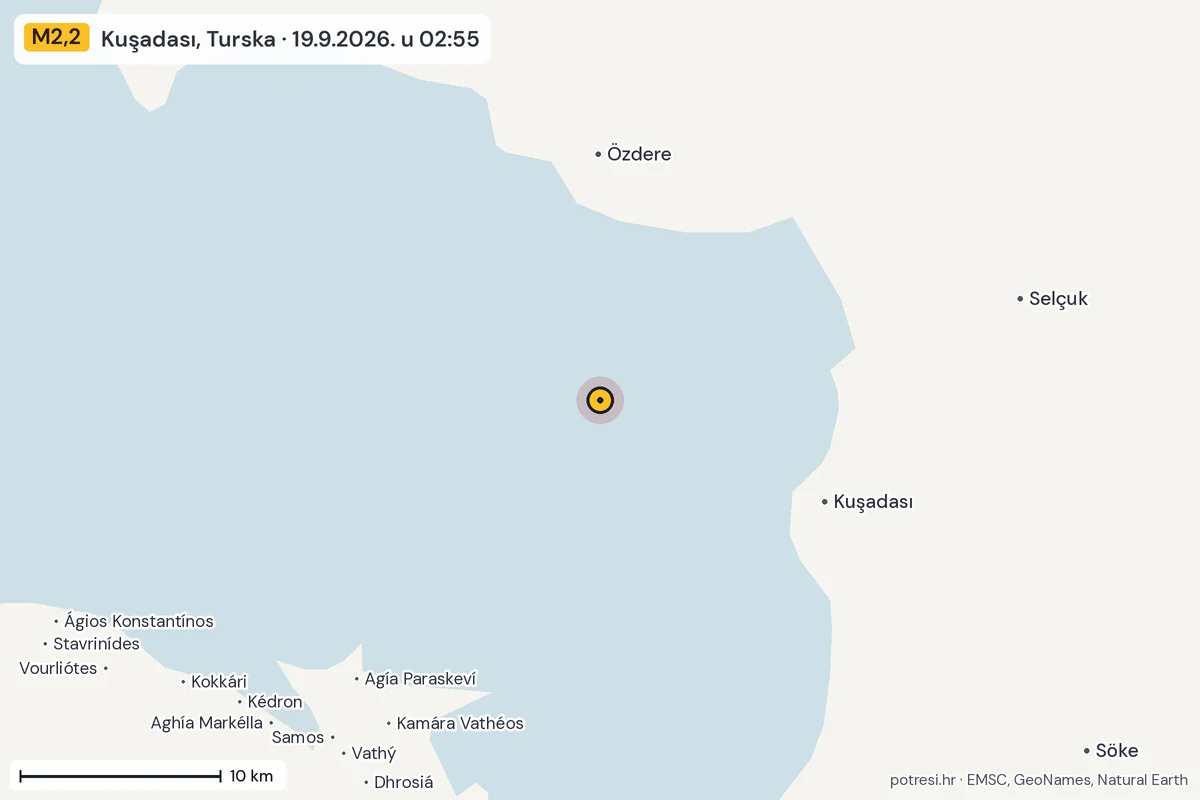 Karta: okolica epicentra, 60 km, potres M2,2, Kuşadası, Turska, 19.9.2026.