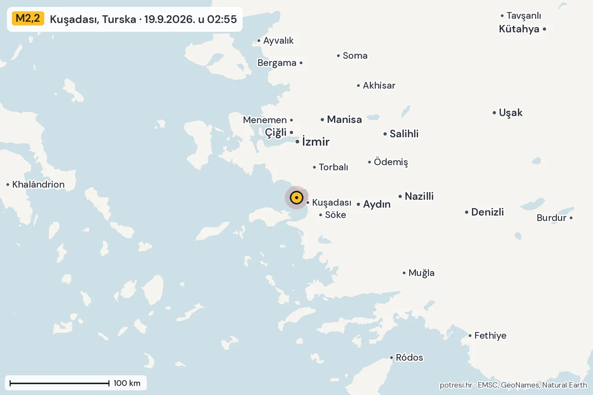 Karta: šire područje, 600 km, potres M2,2, Kuşadası, Turska, 19.9.2026.