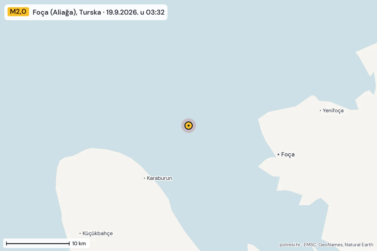 Karta: okolica epicentra, 60 km, potres M2,0, Foça (Aliağa), Turska, 19.9.2026.