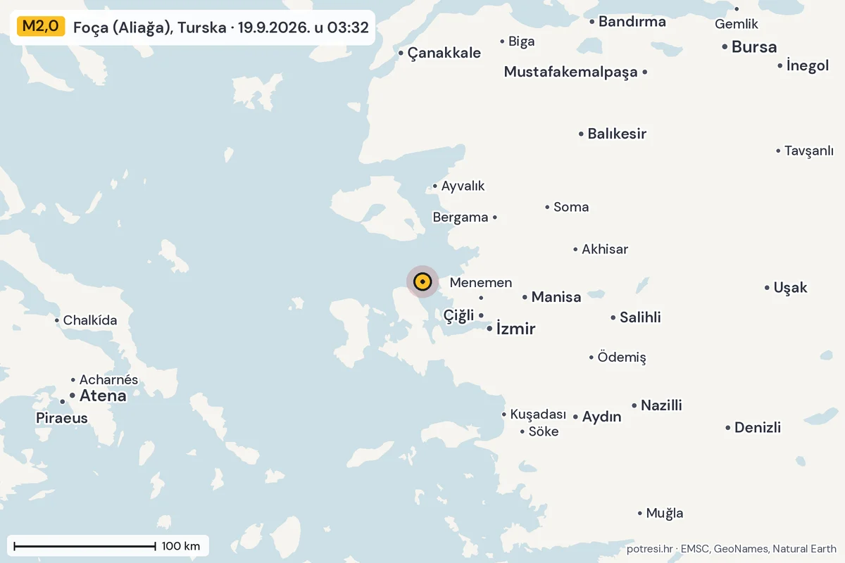 Karta: šire područje, 600 km, potres M2,0, Foça (Aliağa), Turska, 19.9.2026.