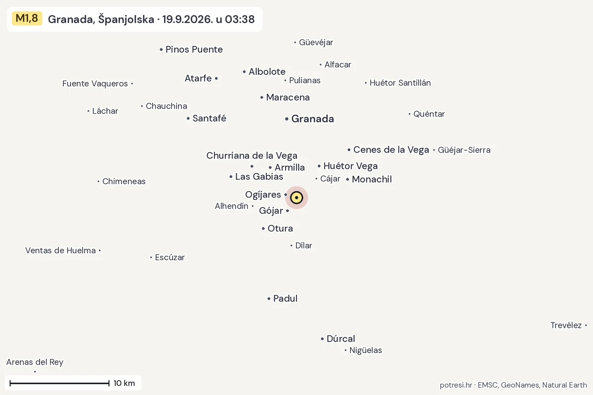 Karta: okolica epicentra, 60 km, potres M1,8, Granada, Španjolska, 19.9.2026.