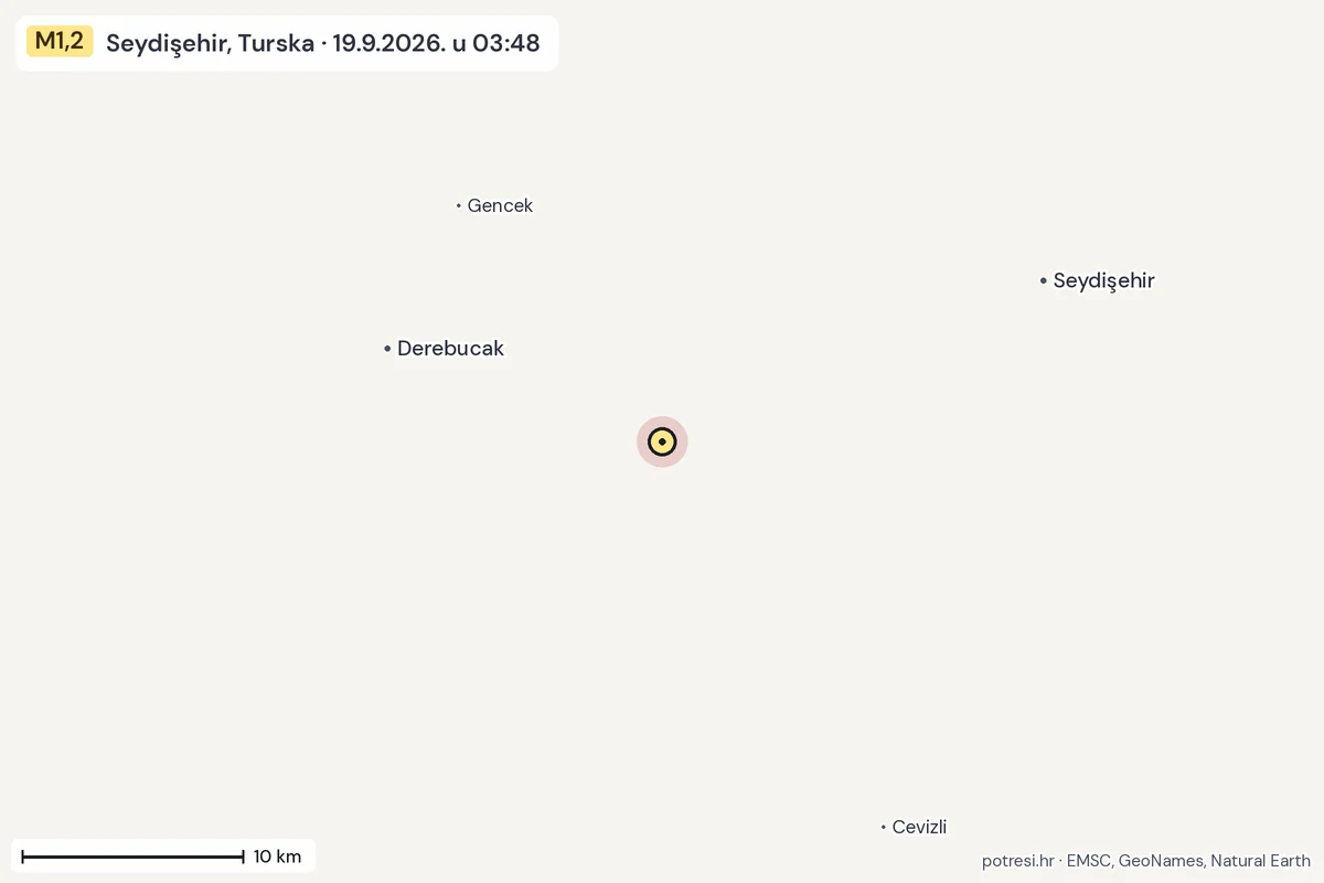 Karta: okolica epicentra, 60 km, potres M1,2, Seydişehir, Turska, 19.9.2026.