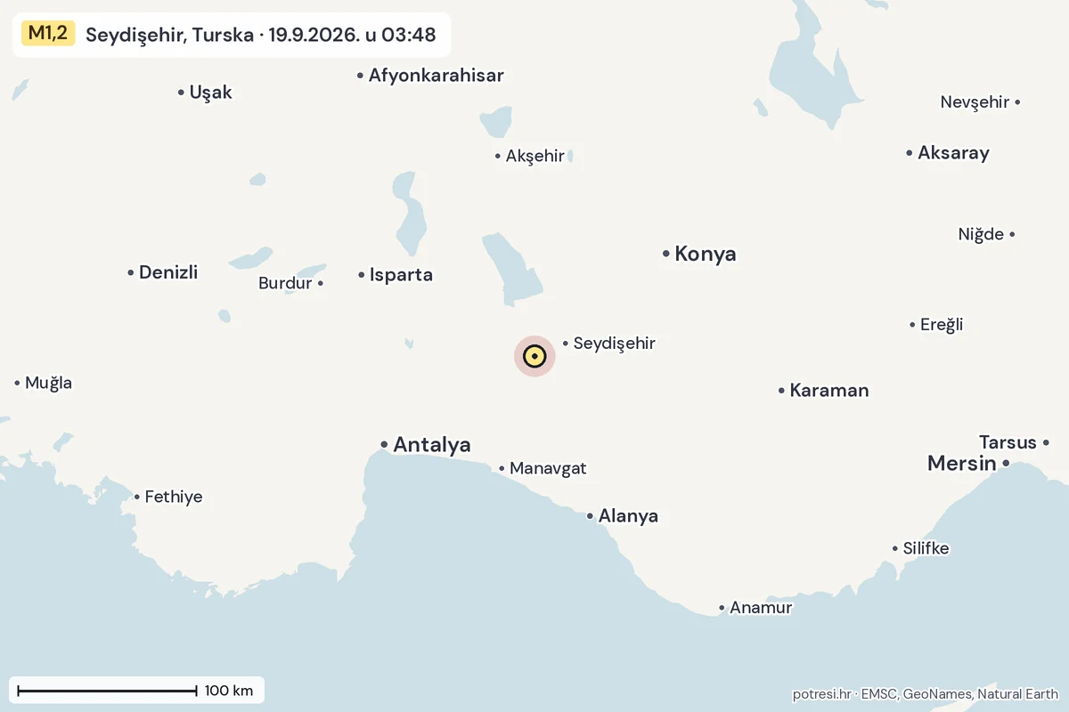 Karta: šire područje, 600 km, potres M1,2, Seydişehir, Turska, 19.9.2026.