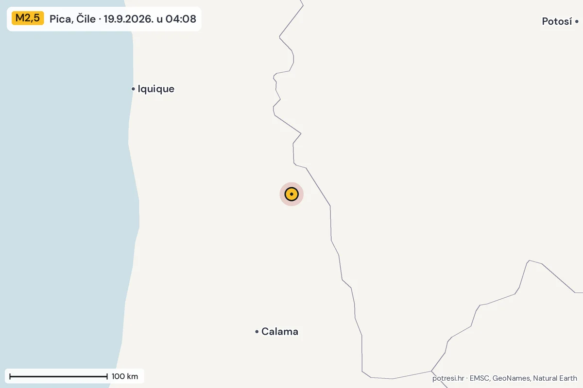 Karta: šire područje, 600 km, potres M2,5, Pica, Čile, 19.9.2026.