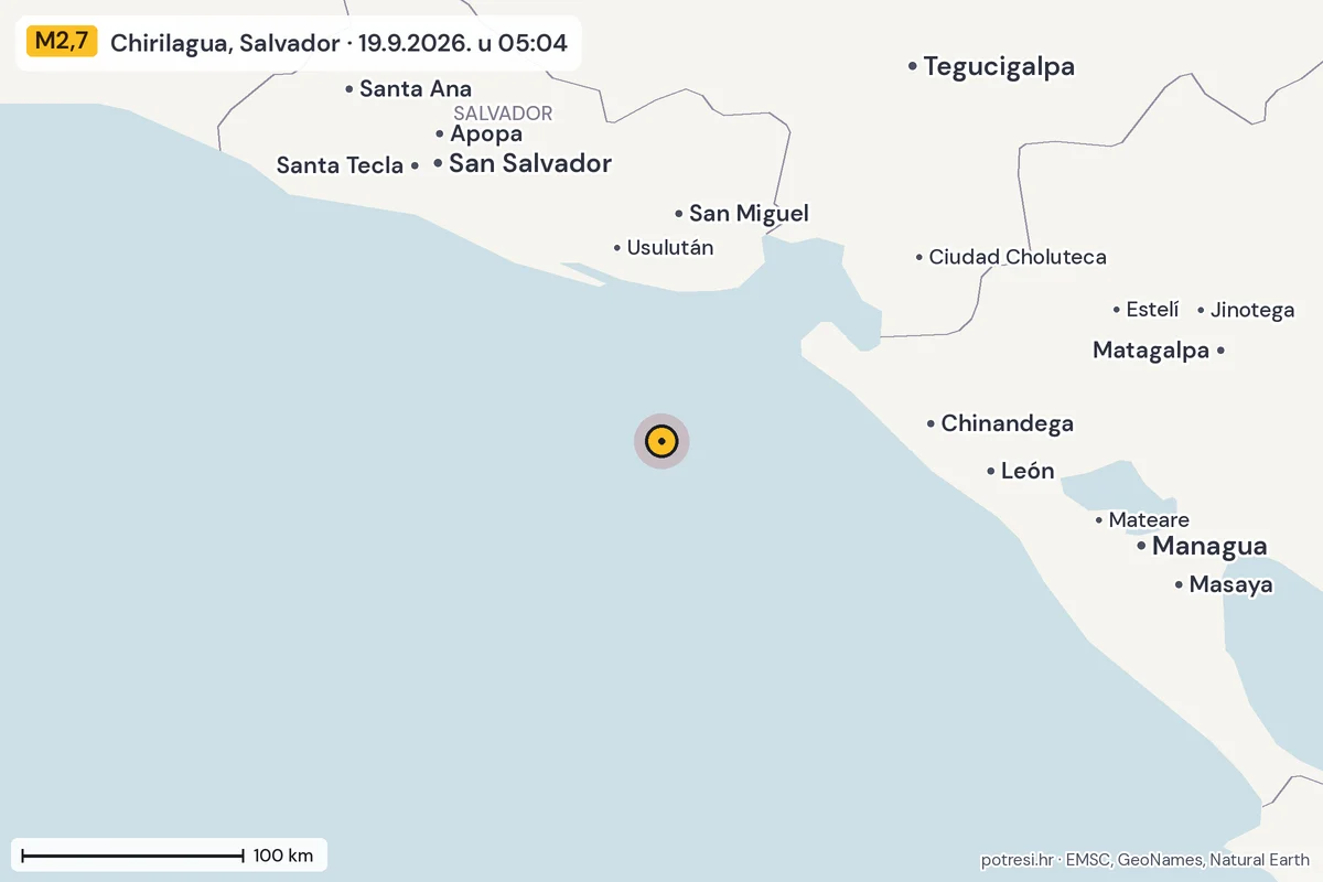 Karta: šire područje, 600 km, potres M2,7, Chirilagua, Salvador, 19.9.2026.