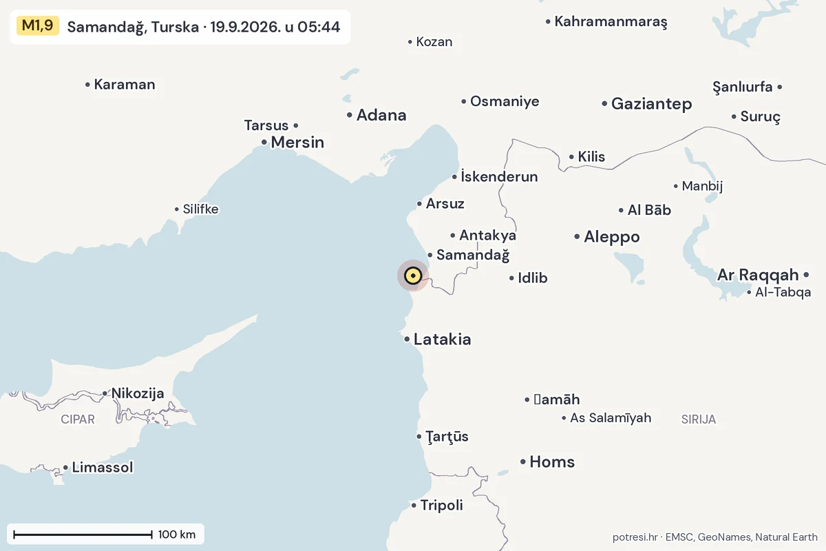 Karta: šire područje, 600 km, potres M1,9, Samandağ, Turska, 19.9.2026.