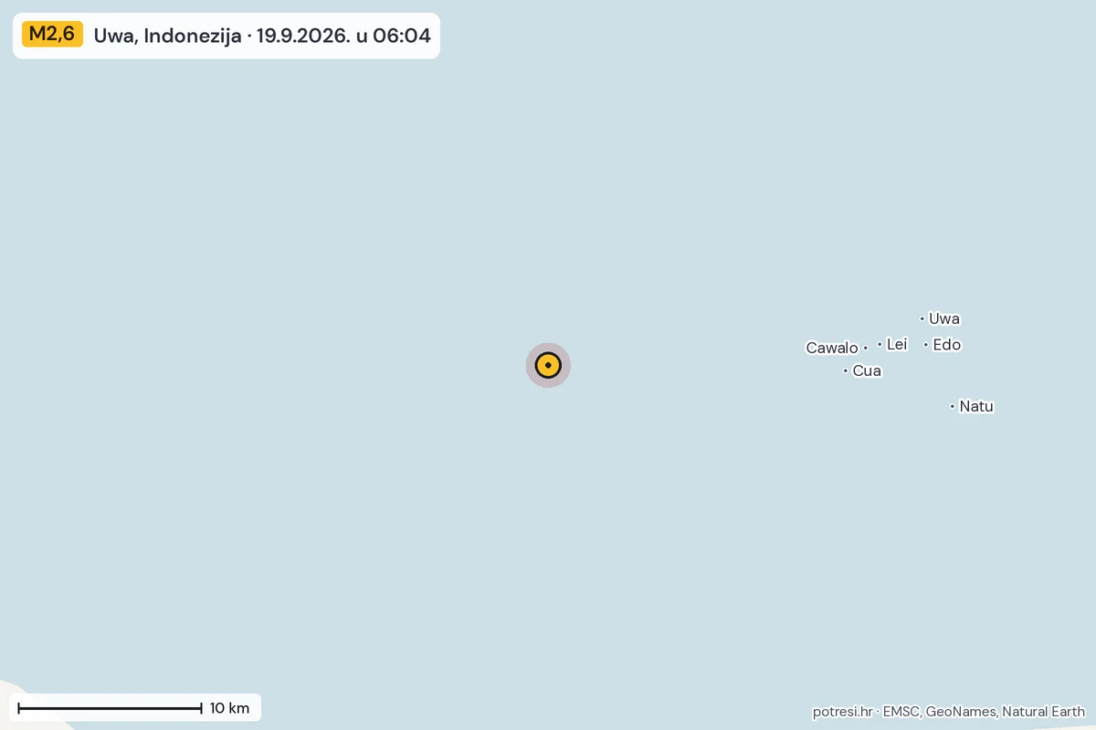Karta: okolica epicentra, 60 km, potres M2,6, Uwa, Indonezija, 19.9.2026.