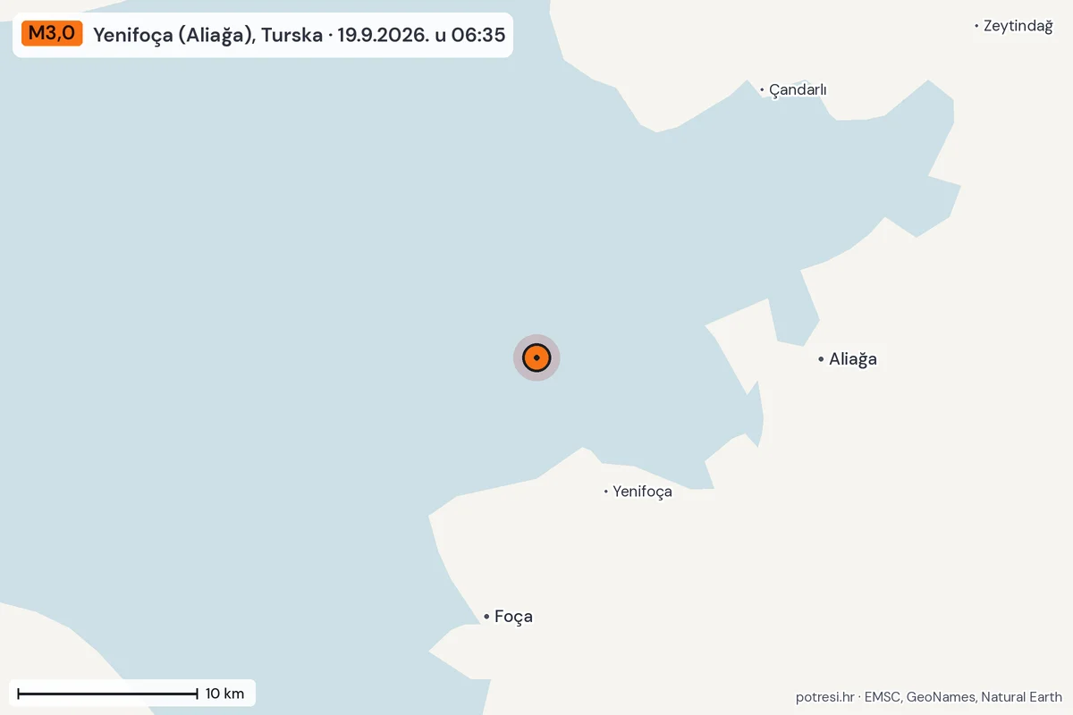 Karta: okolica epicentra, 60 km, potres M3,0, Yenifoça (Aliağa), Turska, 19.9.2026.