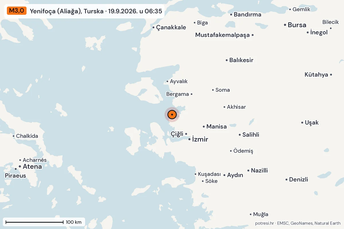 Karta: šire područje, 600 km, potres M3,0, Yenifoça (Aliağa), Turska, 19.9.2026.