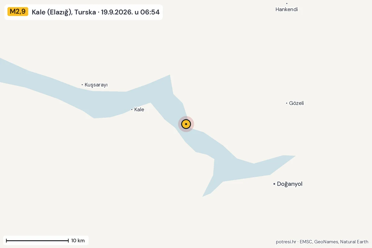 Karta: okolica epicentra, 60 km, potres M2,9, Kale (Elazığ), Turska, 19.9.2026.