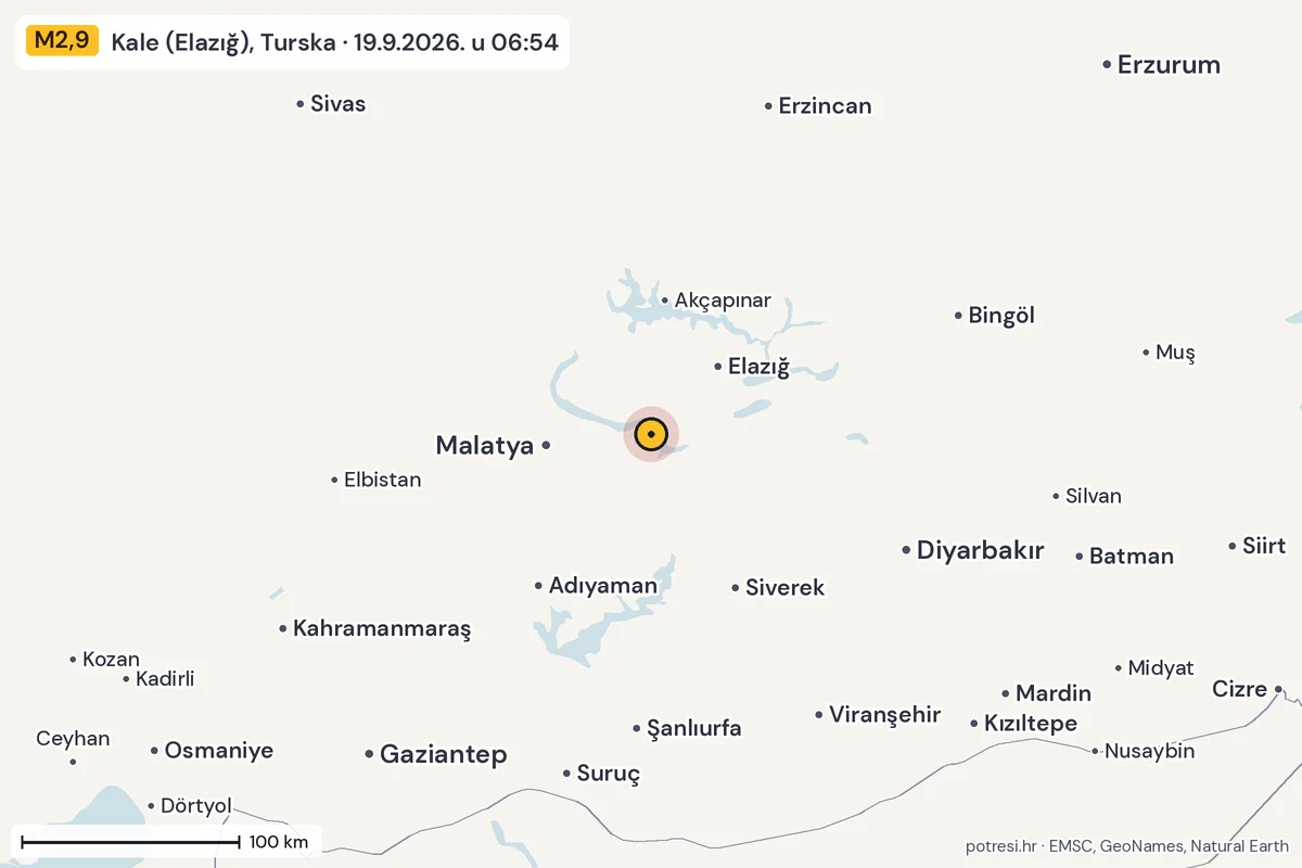 Karta: šire područje, 600 km, potres M2,9, Kale (Elazığ), Turska, 19.9.2026.