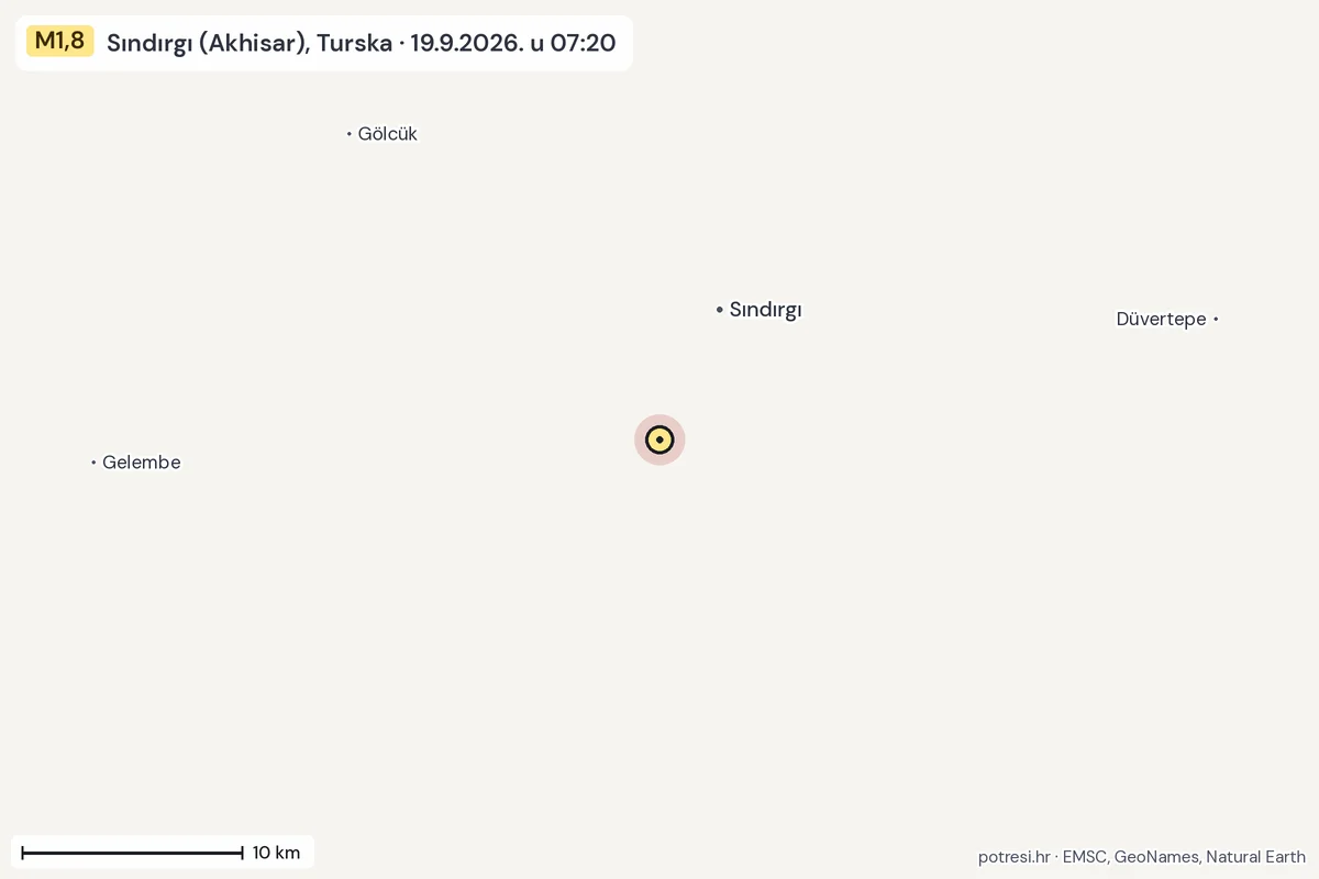 Karta: okolica epicentra, 60 km, potres M1,8, Sındırgı (Akhisar), Turska, 19.9.2026.