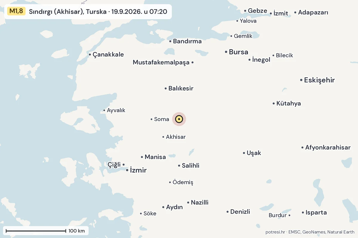 Karta: šire područje, 600 km, potres M1,8, Sındırgı (Akhisar), Turska, 19.9.2026.