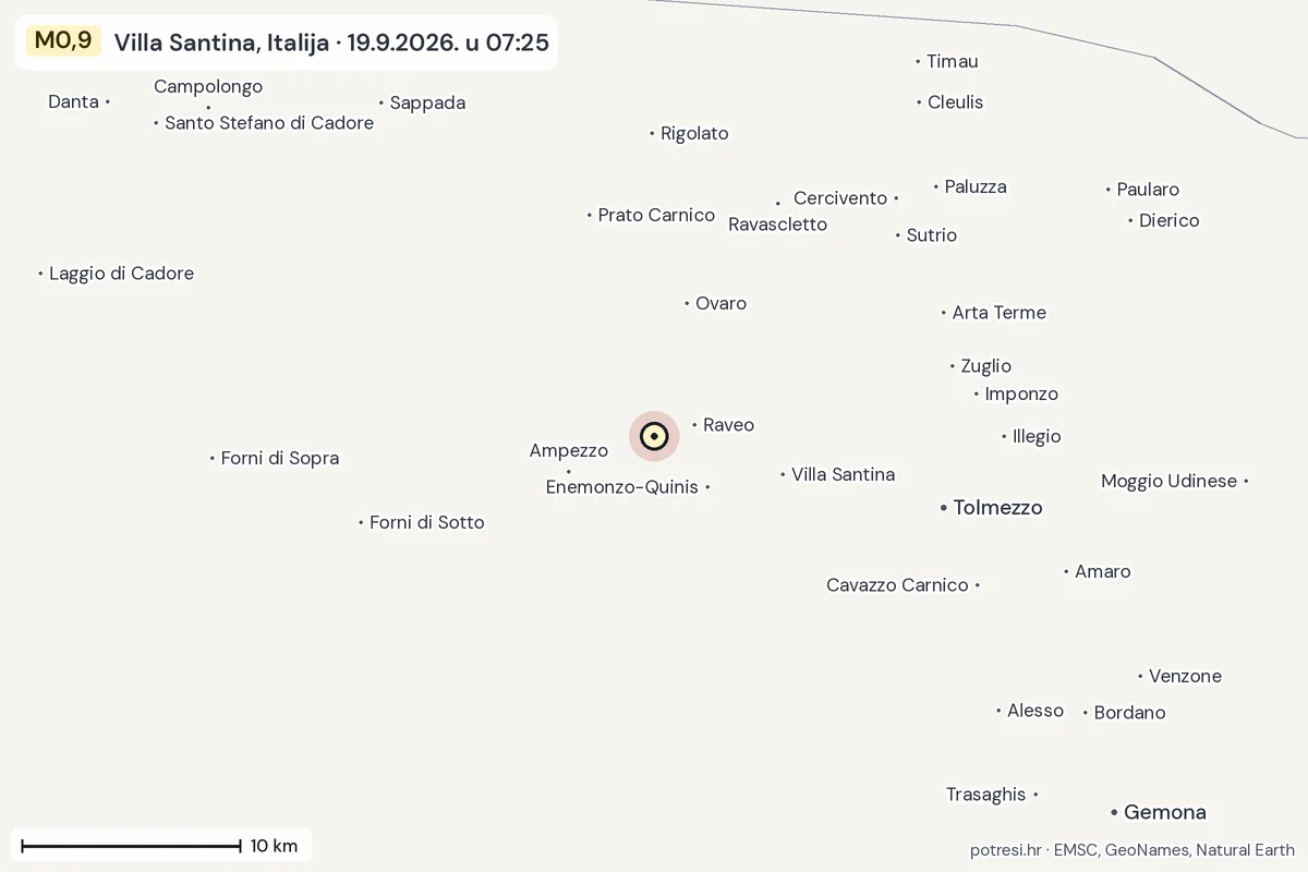 Karta: okolica epicentra, 60 km, potres M0,9, Villa Santina, Italija, 19.9.2026.