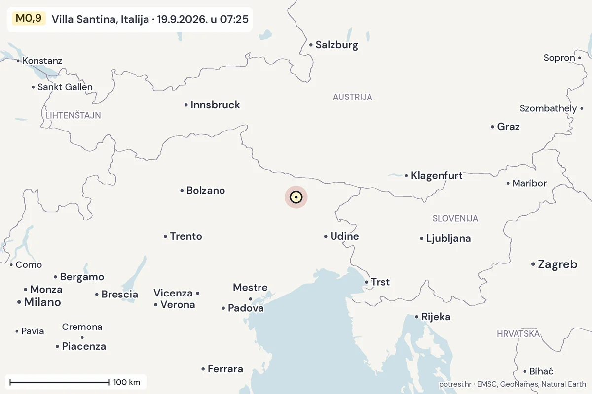 Karta: šire područje, 600 km, potres M0,9, Villa Santina, Italija, 19.9.2026.