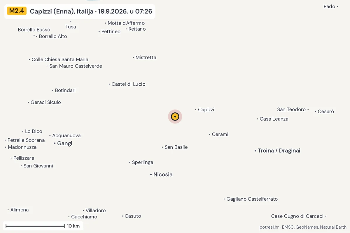 Karta: okolica epicentra, 60 km, potres M2,4, Capizzi (Enna), Italija, 19.9.2026.