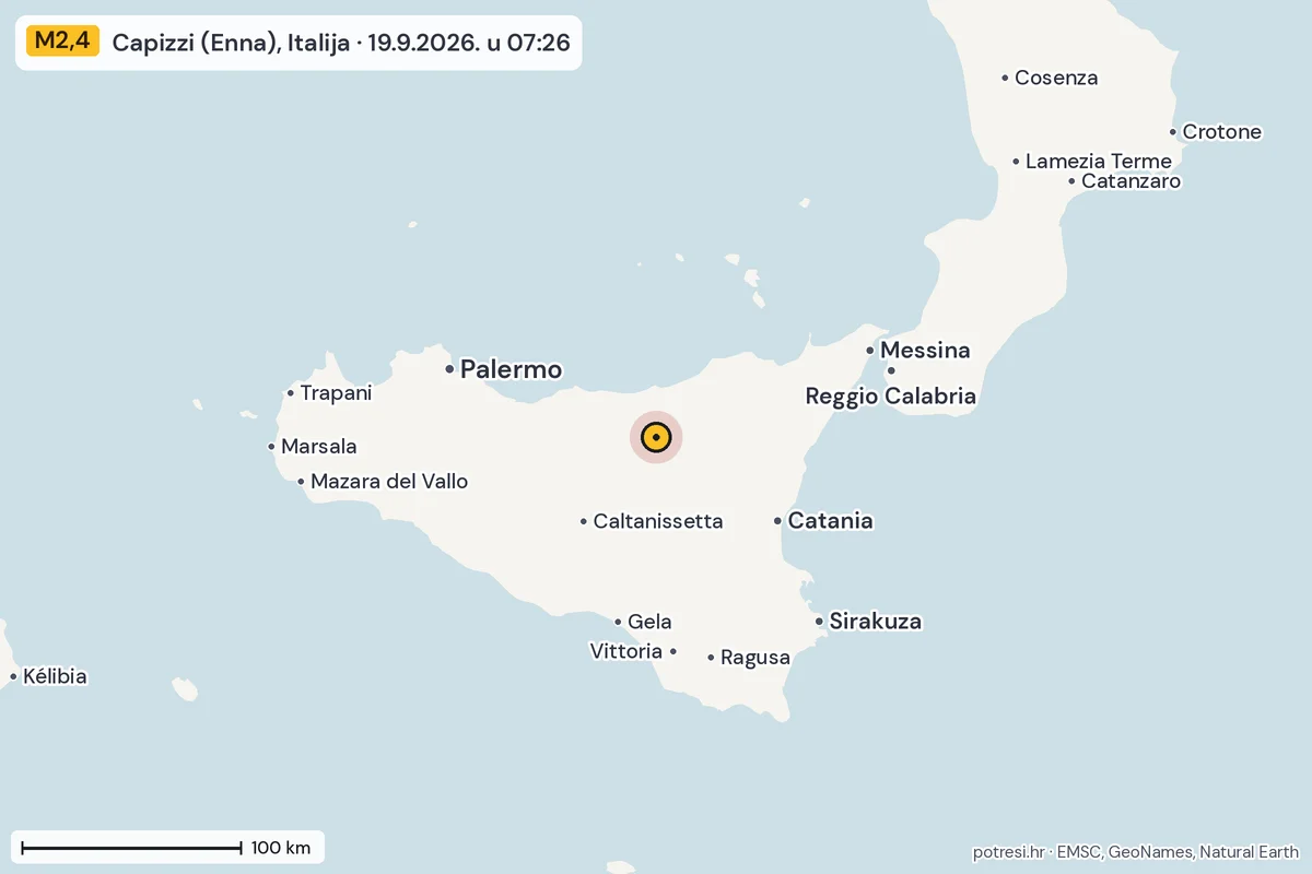 Karta: šire područje, 600 km, potres M2,4, Capizzi (Enna), Italija, 19.9.2026.