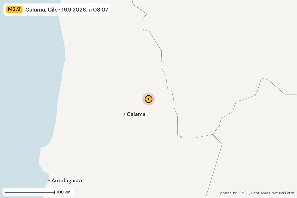 Karta: šire područje, 600 km, potres M2,9, Calama, Čile, 19.9.2026.