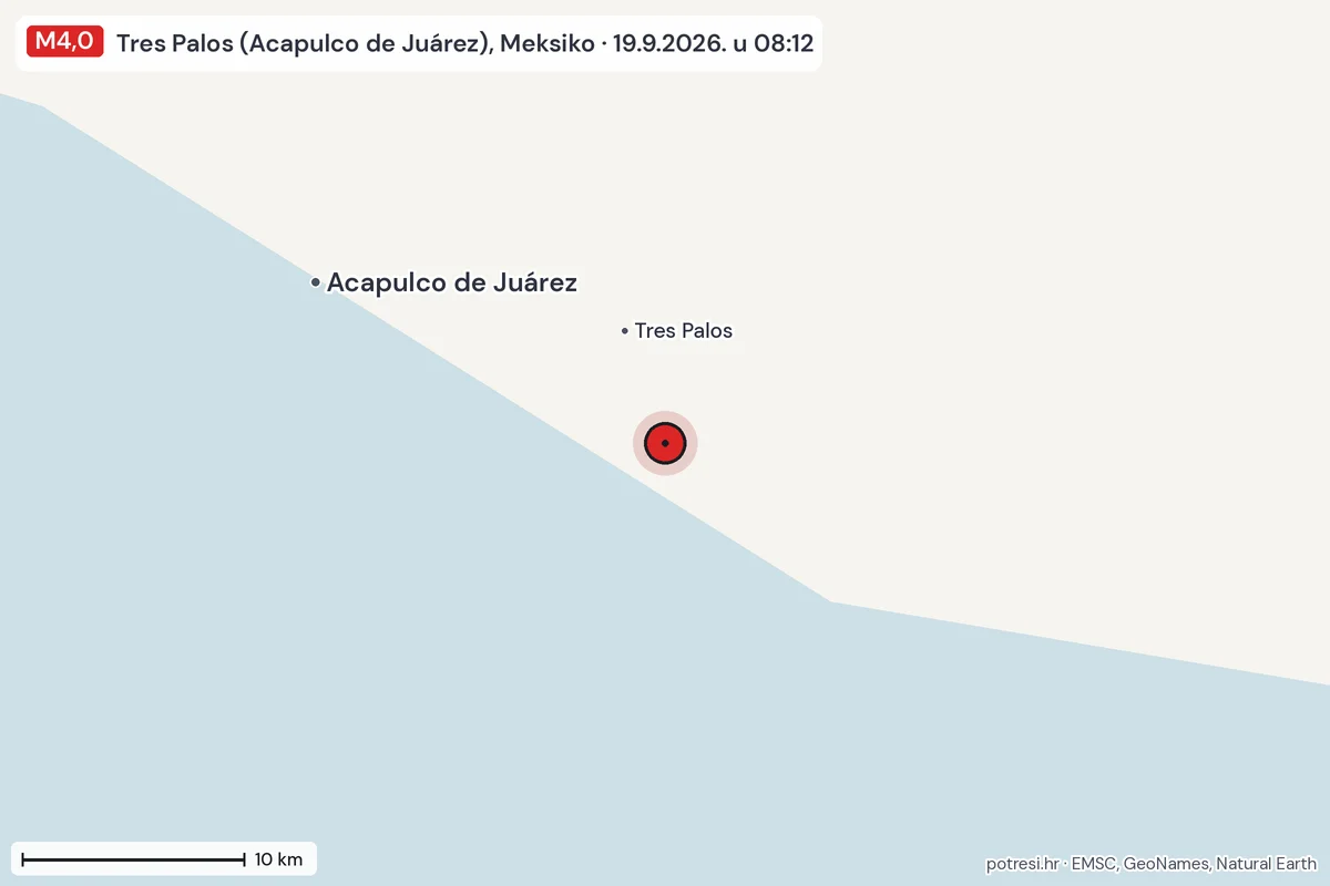 Karta: okolica epicentra, 60 km, potres M4,0, Tres Palos (Acapulco de Juárez), Meksiko, 19.9.2026.