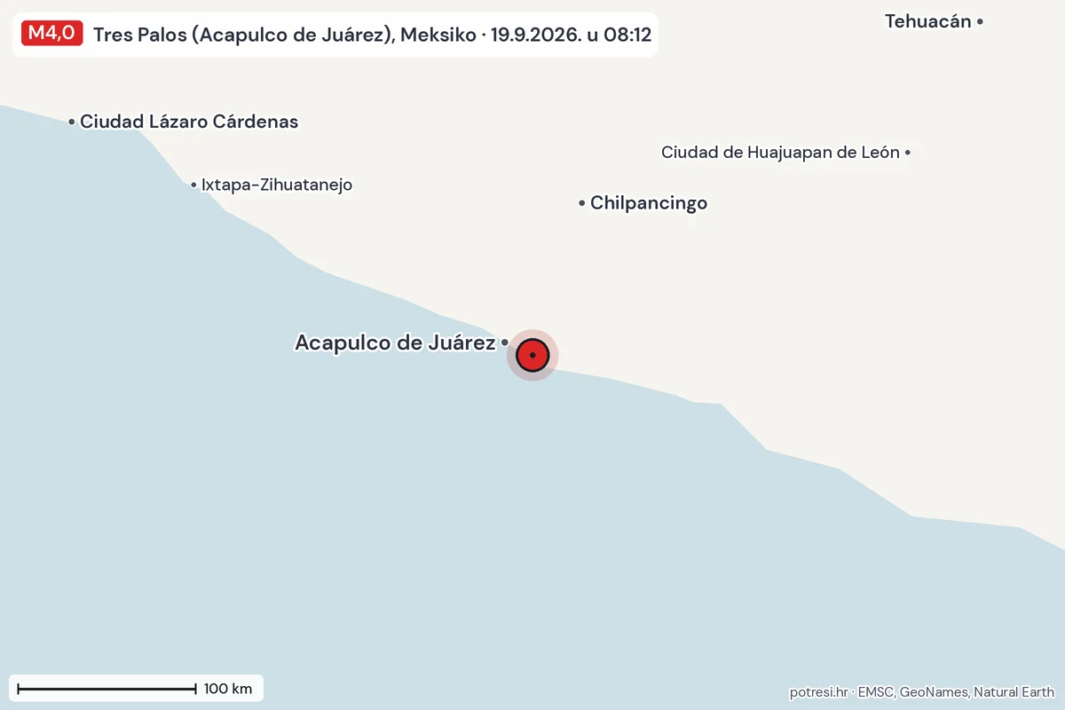 Karta: šire područje, 600 km, potres M4,0, Tres Palos (Acapulco de Juárez), Meksiko, 19.9.2026.