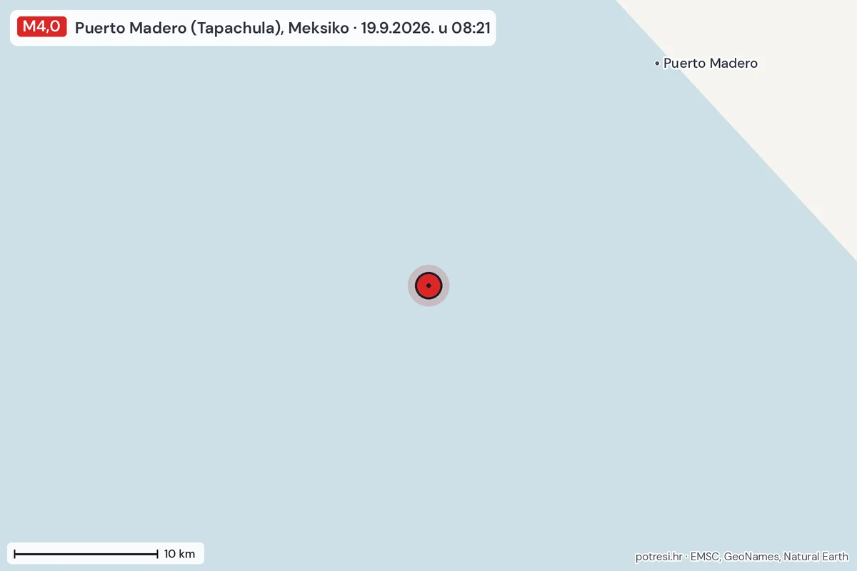 Karta: okolica epicentra, 60 km, potres M4,0, Puerto Madero (Tapachula), Meksiko, 19.9.2026.