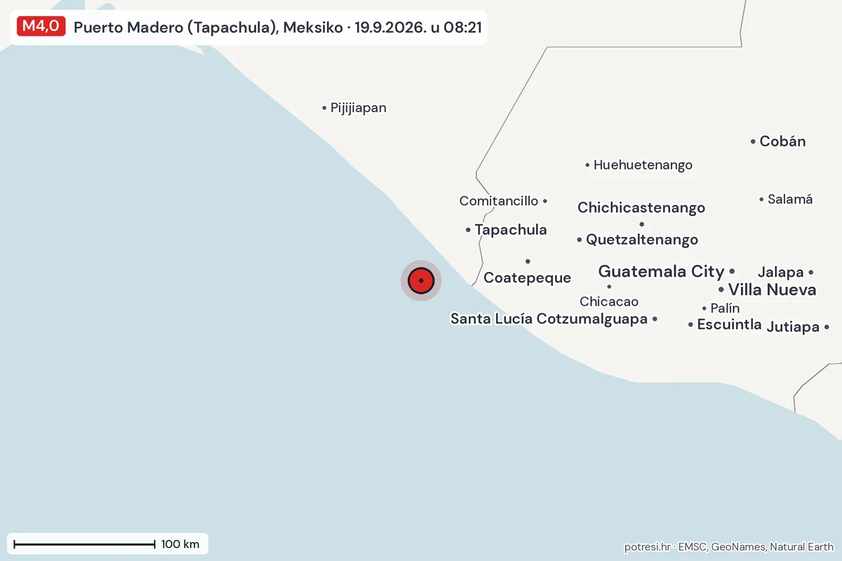 Karta: šire područje, 600 km, potres M4,0, Puerto Madero (Tapachula), Meksiko, 19.9.2026.