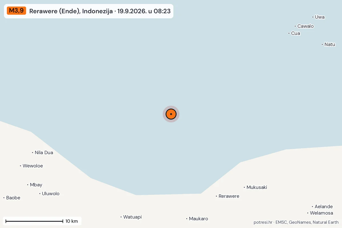 Karta: okolica epicentra, 60 km, potres M3,9, Rerawere (Ende), Indonezija, 19.9.2026.