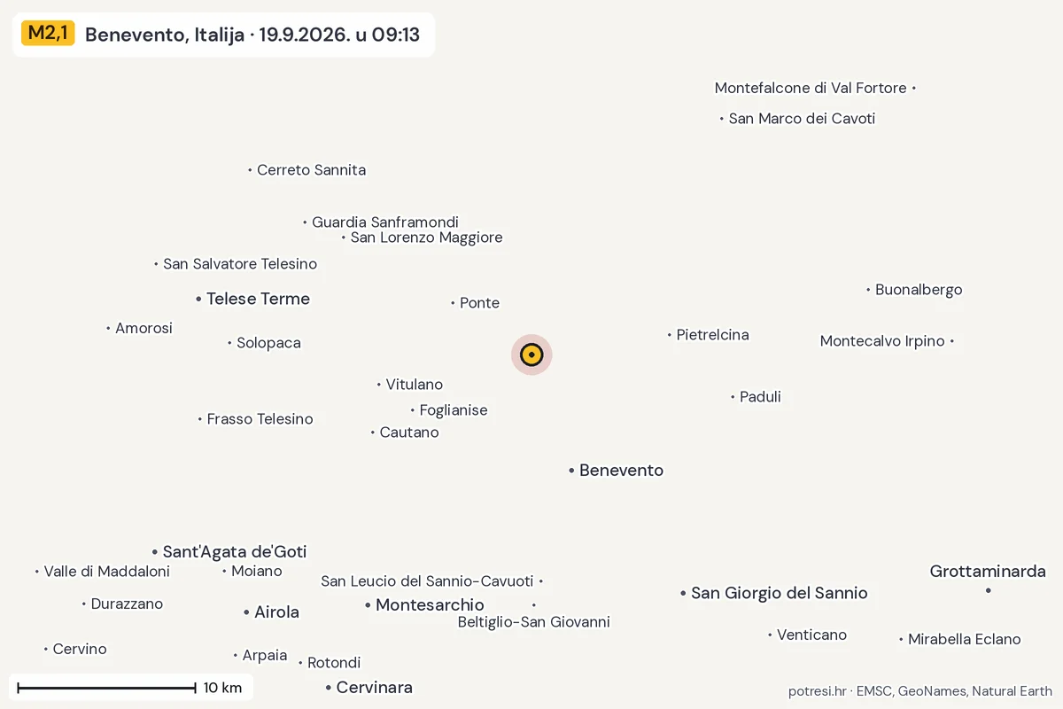 Karta: okolica epicentra, 60 km, potres M2,1, Benevento, Italija, 19.9.2026.
