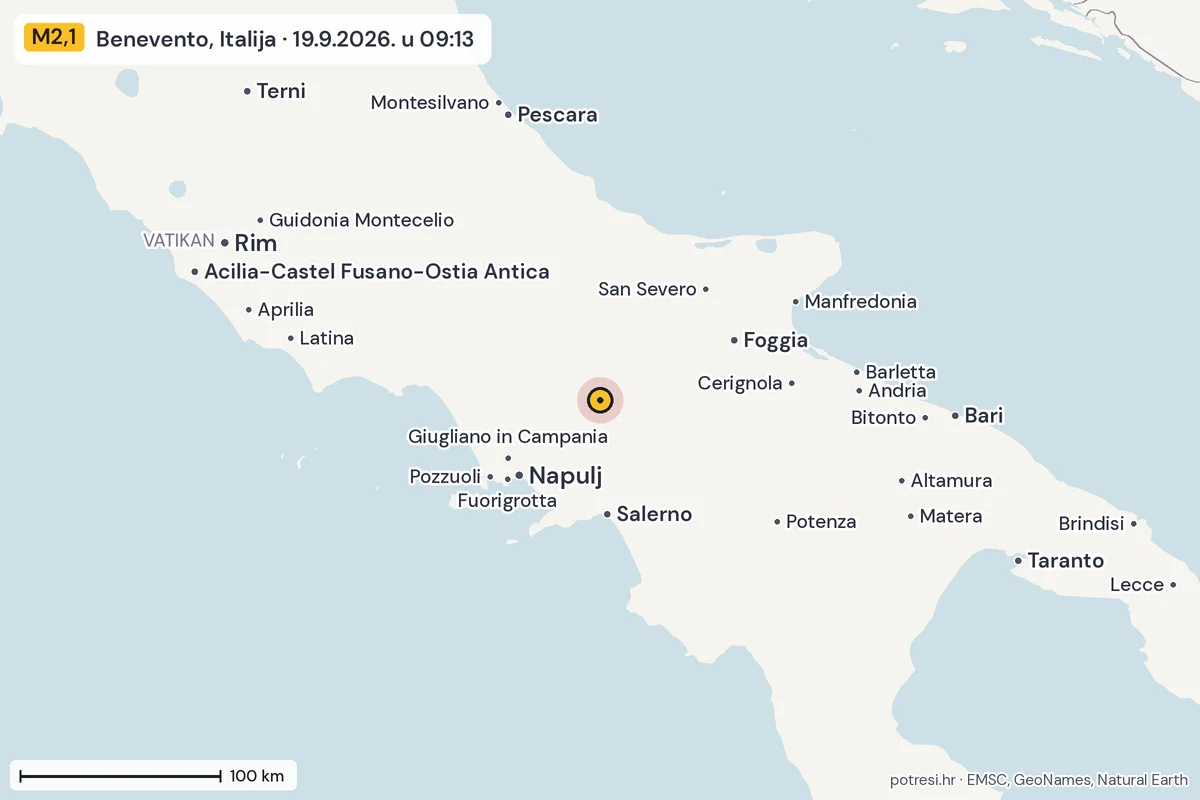 Karta: šire područje, 600 km, potres M2,1, Benevento, Italija, 19.9.2026.