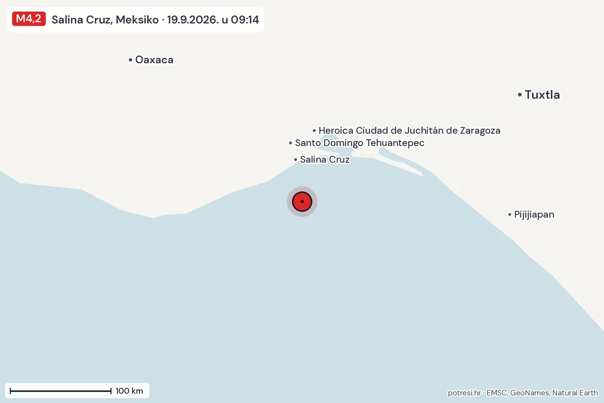 Karta: šire područje, 600 km, potres M4,2, Salina Cruz, Meksiko, 19.9.2026.
