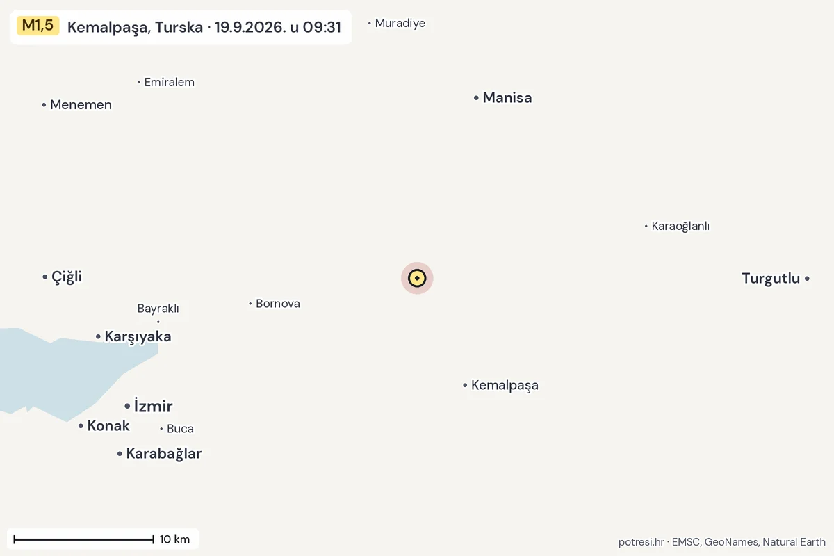 Karta: okolica epicentra, 60 km, potres M1,5, Kemalpaşa, Turska, 19.9.2026.
