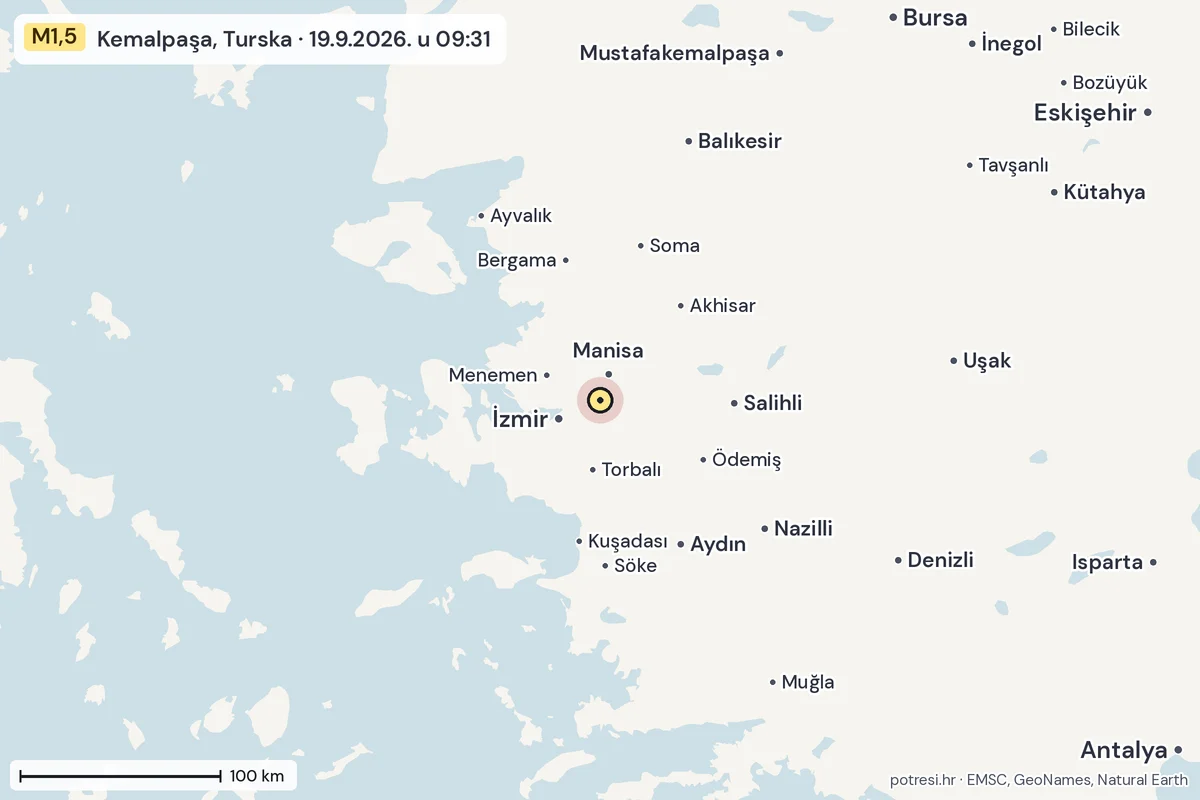 Karta: šire područje, 600 km, potres M1,5, Kemalpaşa, Turska, 19.9.2026.