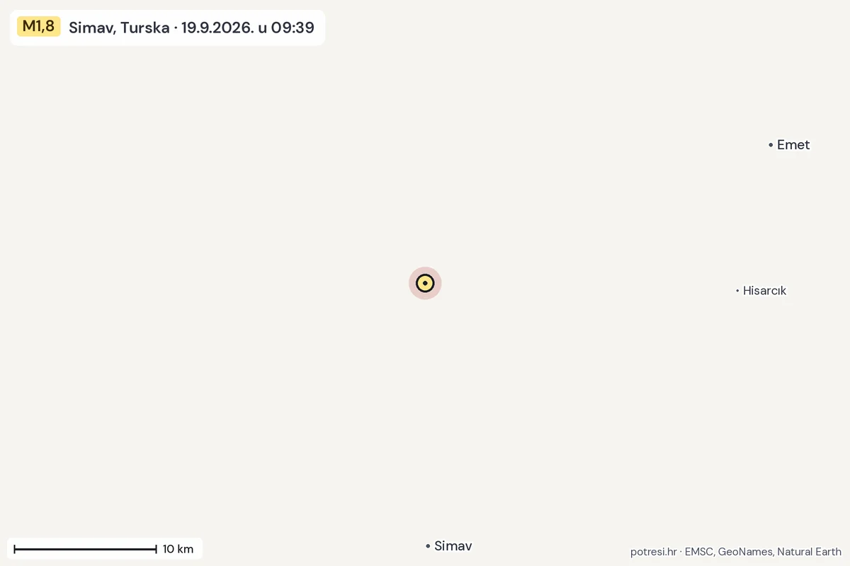 Karta: okolica epicentra, 60 km, potres M1,8, Simav, Turska, 19.9.2026.