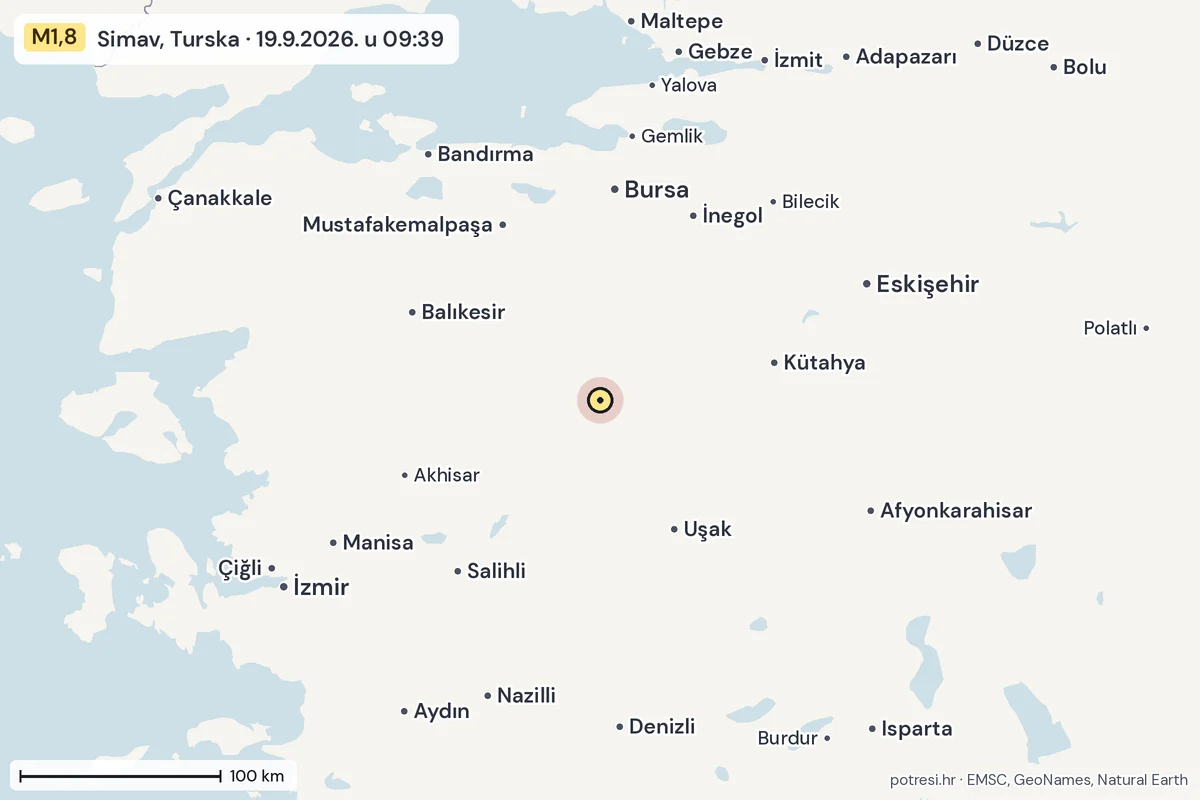 Karta: šire područje, 600 km, potres M1,8, Simav, Turska, 19.9.2026.